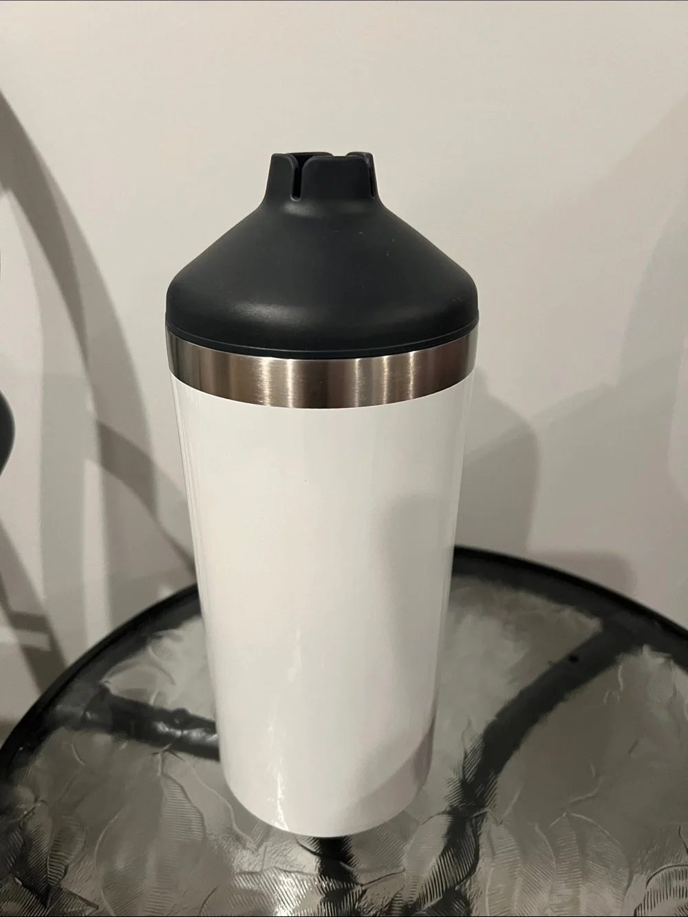 Wine Bottle Cooler-White Stainless Travel Tumbler with Black Lid